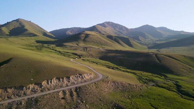 Kalmak-Ashuu Pass leading to the northern shore of Lake Son-Kul. The height of the pass is 3,447 meters above sea level. Song-K&ouml;l Lake area, Kyrgyzstan.