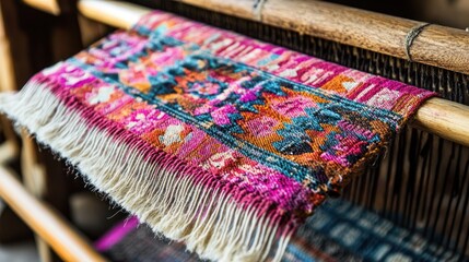 Close-up of colorful handwoven textile on a wooden loom showcasing artisanal craft and vibrant