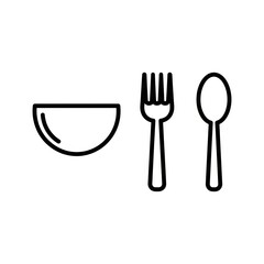 Line drawing of bowl, fork, and spoon on white background  