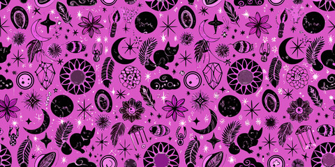 Whimsical celestial and mystical pattern with black cats and crystals