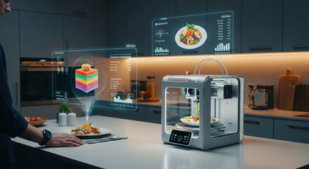 3D food printer creating meal in modern kitchen, with digital interface showing nutritional info, showcasing tech advancement in food prep and personalized nutrition