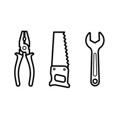 Hand tools including pliers, saw, and wrench in outline style  