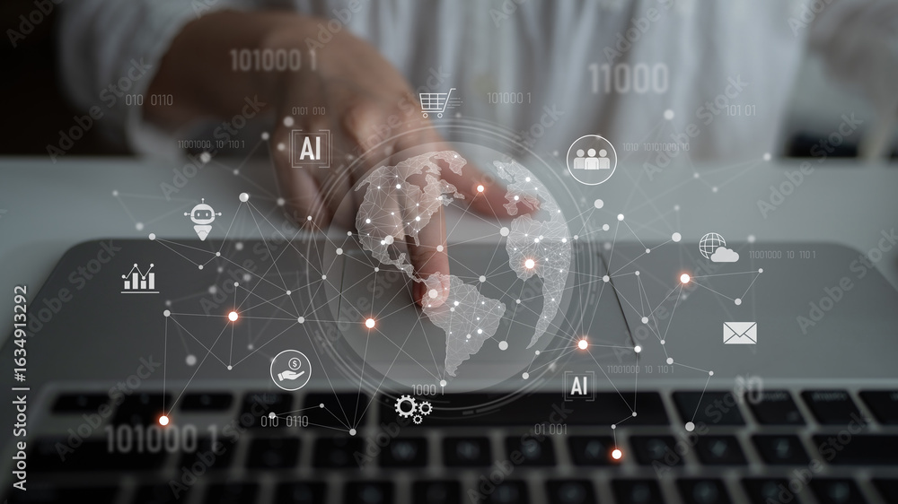 Poster global ai-powered digital network ecosystem connecting data, finance, analytics, ecommerce, communic