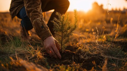Obraz premium Planting a young tree seedling into the soil during the golden hour of sunrise. A single tree represents life, growth, environmentalism, and conservation