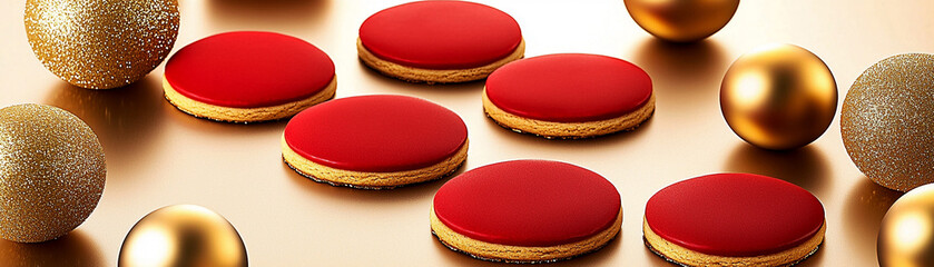 Rows of round cookies with red frosting alternate with shiny gold Easter eggs on a reflective gold surface. Concept of Easter, holiday, sweets, celebration, elegant.