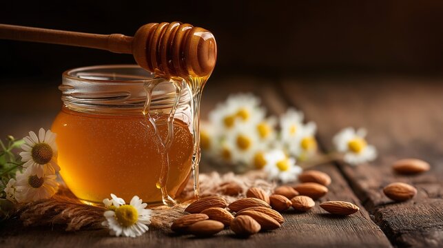 A jar of golden honey being drizzled from a wooden honey dipper with daisies and almonds around. The close-up view captures the details. 