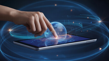 Futuristic Technology Interface Human Hand Interacting with Digital Screen Globe Communication Innovative Visualization Modern Device