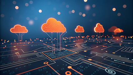 Digital orange clouds ascend from a futuristic circuit board illustrating cloud computing and data storage concepts