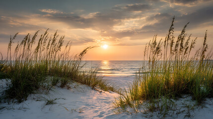Golden sunset over calm ocean waves with sea oats and sandy dunes beach sand dunes