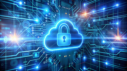 Secure cloud computing network data protection with a glowing padlock symbol on a circuit board background