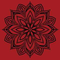 A detailed, symmetrical mandala featuring layered red petals with black outlines and decorative elements on a solid crimson background.