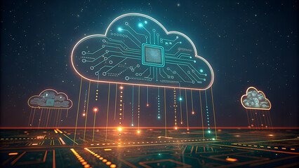 Digital cloud computing network futuristic cityscape with glowing data streams and circuitry patterns