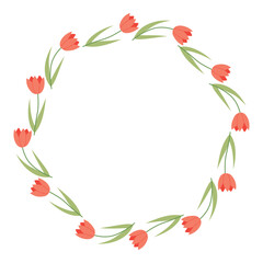 Hand-drawn floral wreath made of pink tulips and green leaves. Ideal for spring greeting cards, invitations, or wedding designs. Soft and elegant vector frame.