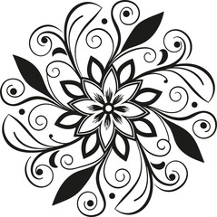 A symmetrical, decorative mandala featuring a central flower surrounded by swirling filigree, leaves, and dots, rendered in black and white.