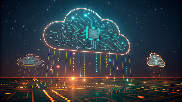 Digital cloud computing network futuristic cityscape with glowing data streams and circuitry patterns