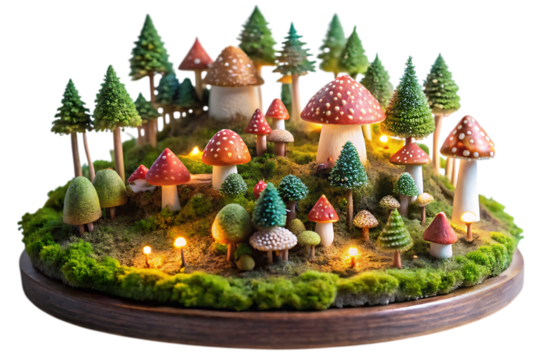Miniature magical forest diorama with glowing mushrooms and tiny evergreen trees isolated on a transparent background