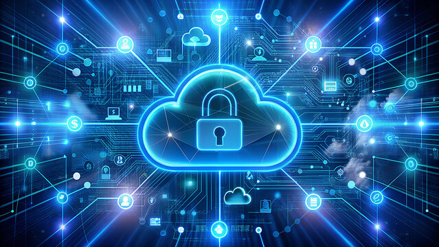 Secure cloud computing network with glowing padlock symbol representing data protection and digital security