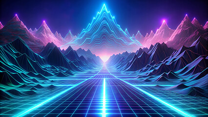 Journey through a neon lit digital landscape towards a glowing crystalline mountain peak under a vibrant cosmic sky