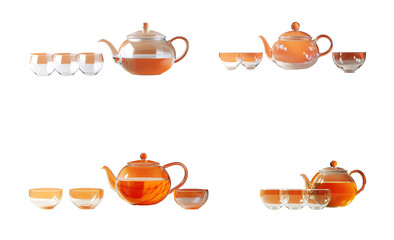 Four Glass Teapots and Cups Amber and Clear Tea Set Render teacups