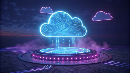 Futuristic neon cloud computing hologram projecting data streams onto a sci fi platform with digital circuits