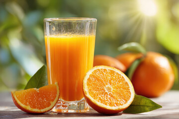 Freshly squeezed orange juice in glass with half-cut oranges, sunny morning feel