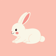 Adorable white bunny illustration on a soft pink background. Cute and friendly character in a flat cartoon style. Perfect for kids designs and Easter themes.