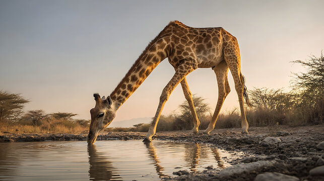 Giraffe drinking water at sunset in African savanna image