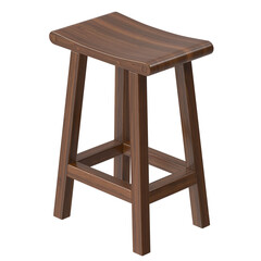 Modern Wooden Bar Stool, Saddle Seat, Walnut Wood, Isometric View 3D Render