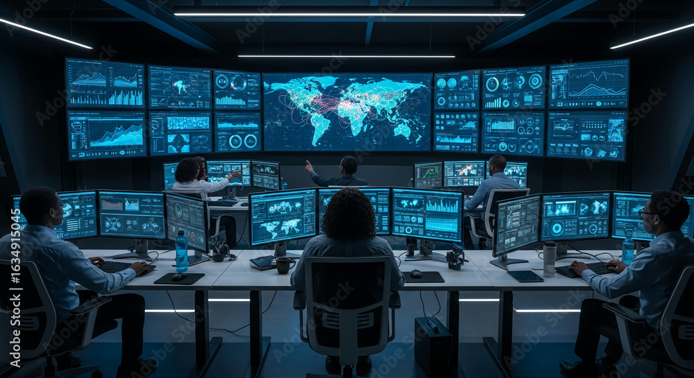 Poster team of professionals monitoring global data streams on multiple screens in a dark control room, sho