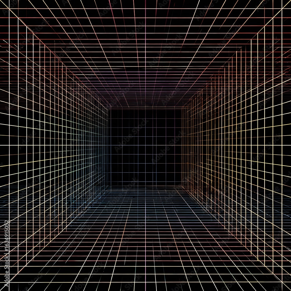Poster dimensional grid: abstract perspective featuring a tunnel-like structure created with vibrant,