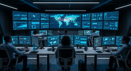 Team of professionals monitoring global data streams on multiple screens in a dark control room, showcasing advanced technology and global connectivity