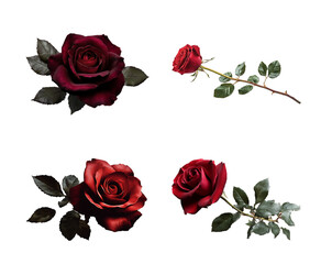 Fototapeta premium Four Dark Red Roses Isolated on Transparent Background Single Rose Stem and Buds