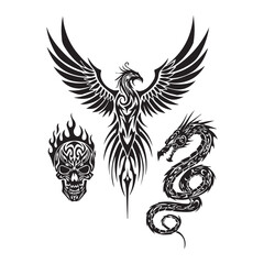 Fototapeta premium Tribal Tattoo Designs: Phoenix, Dragon, and Flaming Skull