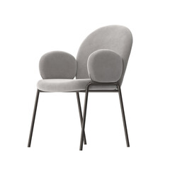 Modern Upholstered Armchair, Rounded Back, Gray Fabric, Dark Metal Frame, Angled View 3D Render