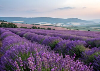 Naklejka premium Rows of blooming purple lavender fields at sunset flower