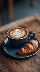 Cup of coffee with latte art and croissant on a wooden cafe table