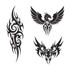Obraz premium Collection of Tribal Tattoo Designs: Phoenix, Dragon, and Abstract Swirls