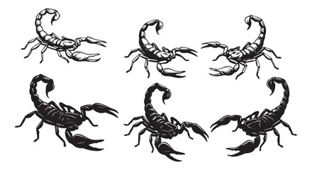 Six Stylized Black Scorpions in Various Poses on White Background
