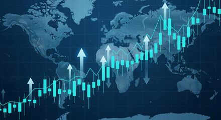 Global financial market graph overlaid on world map, showcasing upward trend, symbolizing economic growth and international trade, ideal for business or investment contexts