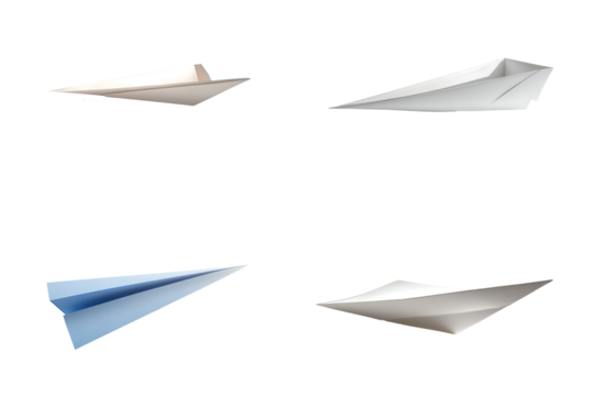 Four Paper Airplanes in Flight White Beige Light Blue and Off White Colors Isolated on Transparent Background