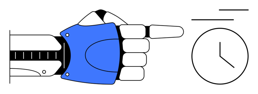 Robotic hand with a blue casing pointing at a minimalist clock, conveying technology, efficiency, and deadlines. Ideal for innovation, automation, scheduling, productivity, punctuality robotics