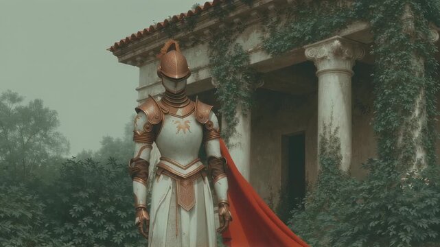 Woman in fantasy medieval armor and red cape standing near ancient stone temple covered with ivy. Mystical warrior princess concept for game character design and cosplay