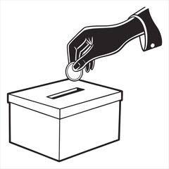 Hand dropping coin into donation box for charity or voting