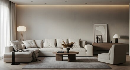 Serene Beige: Minimalist Living Room with Modern Comfort (AI Generated)