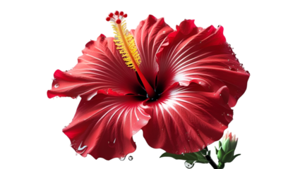 Single Red Hibiscus with Yellow Stamen Isolated on White Background
