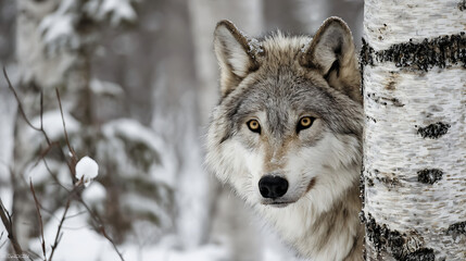 Obraz premium Gray wolf peeking from behind a birch tree in a snowy forest animal wildlife