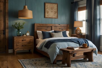 Rustic Wooden Bedroom with Blue Accents and Cozy Minimalist Interior Featuring Bed, Nightstand, and Pendant Light
