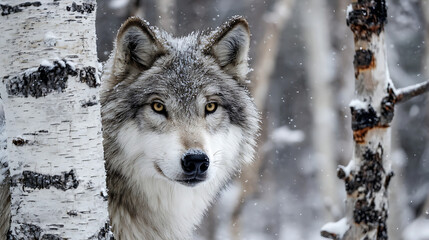 Obraz premium Gray wolf peeking from behind birch tree in snowy forest animal wildlife