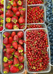 Fresh Berries in Market Containers: Strawberries, Currants, and Blueberries