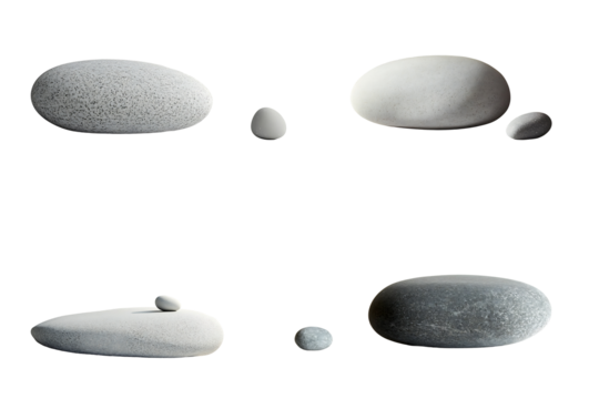 Five Smooth Gray and White Stones Isolated on Transparent Background Various Sizes and Shapes Pebble Collection